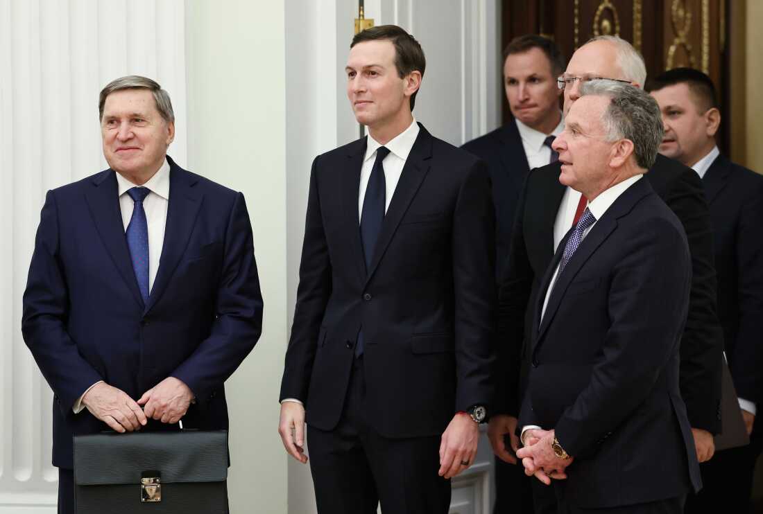 FILE - Russian Presidential foreign policy adviser Yuri Ushakov, left, U.S. President Donald Trump's son-in-law Jared Kushner, center, U.S. special envoy Steve Witkoff, foreground right, and Russian Direct Investment Fund CEO Special Presidential Representative for Investment and Economic Cooperation with Foreign Countries Kirill Dmitriev, behind Witkoff, arrive to attend talks with Russian President Vladimir Putin at the Senate Palace of the Kremlin in Moscow, Russia, Dec. 2, 2025.