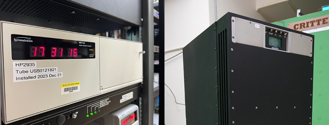 Cesium beam clocks (left) and hydrogen masers are among the types of atomic clocks used by the National Institute of Standards and Technology (NIST) to determine official U.S. time.