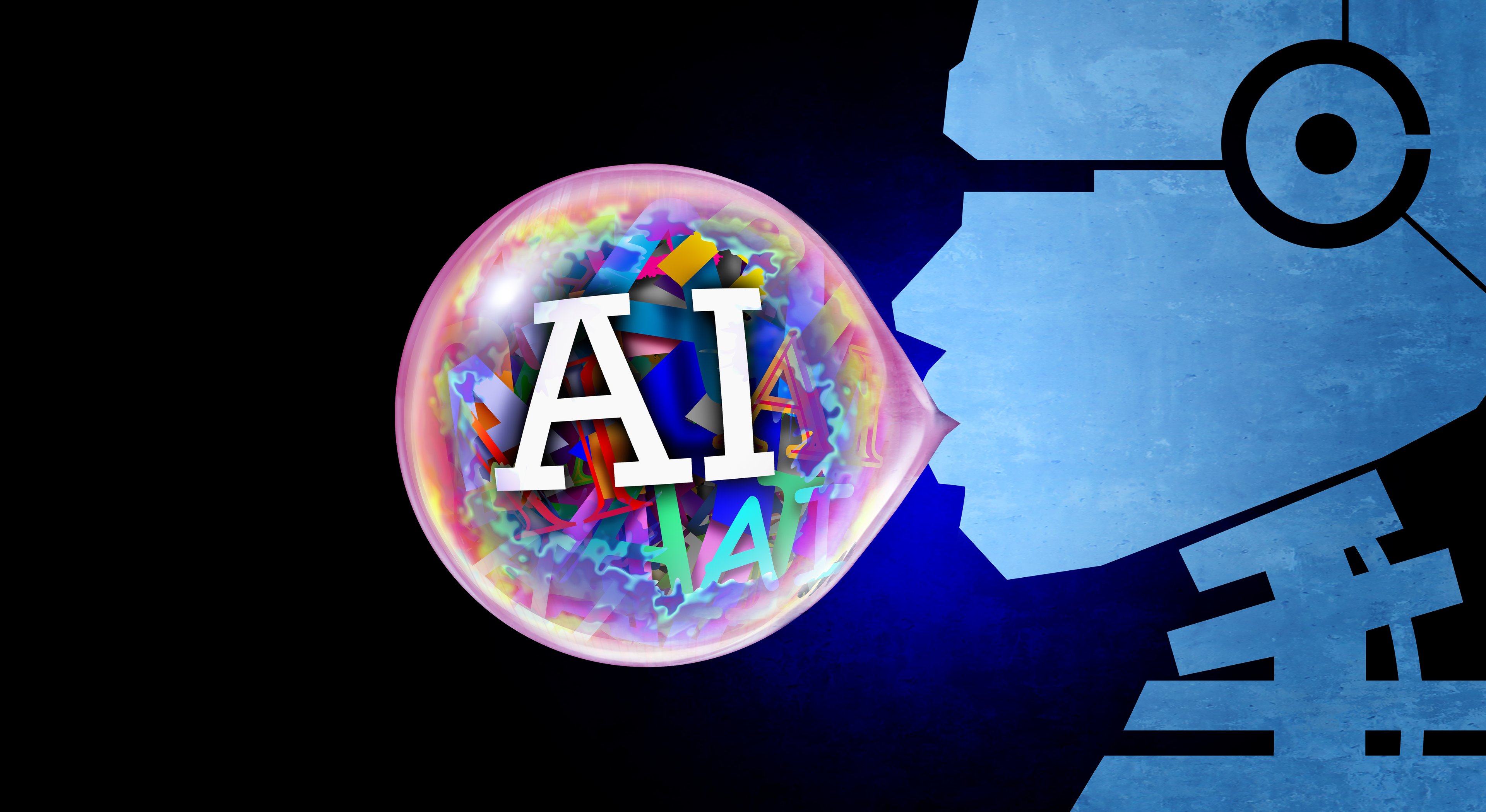 A humanoid robot blowing a bubble with the letters AI on it. 