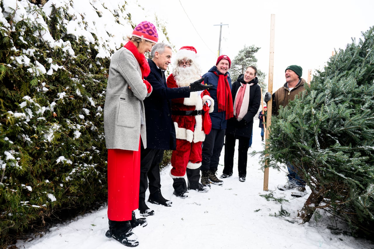 A group that includes politicians looks at Christmas trees with Santa Claus on a snowy day.