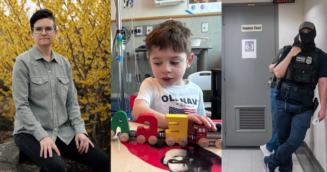 From left: Mahri Stainnak, who was fired from the federal government; Caleb Strickland, 4, who is waiting for a heart transplant; and a federal agent patrolling the halls of immigration court in New York City.