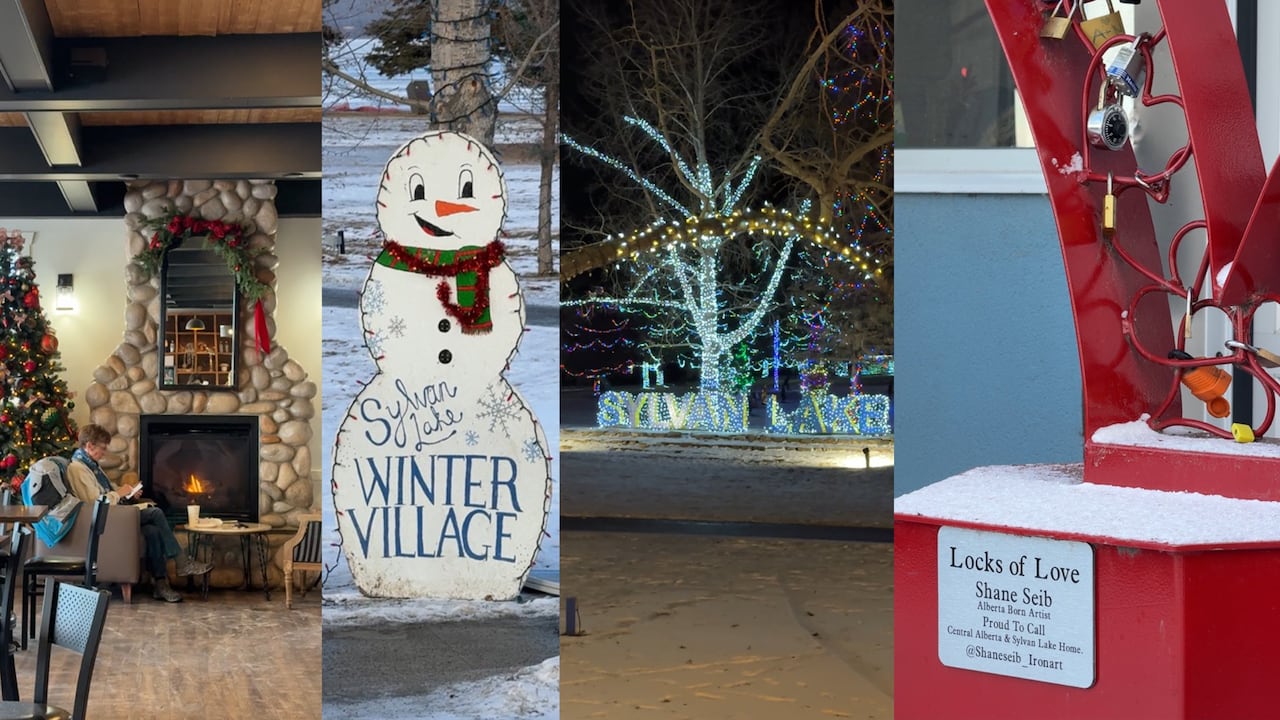 A photo of a woman sitting by a fireplace, a sign shaped like a snowman that says "Sylvan Lake winter village", some lights that say "Sylvan Lake", and a heart shaped sculpture one can attached locks to.