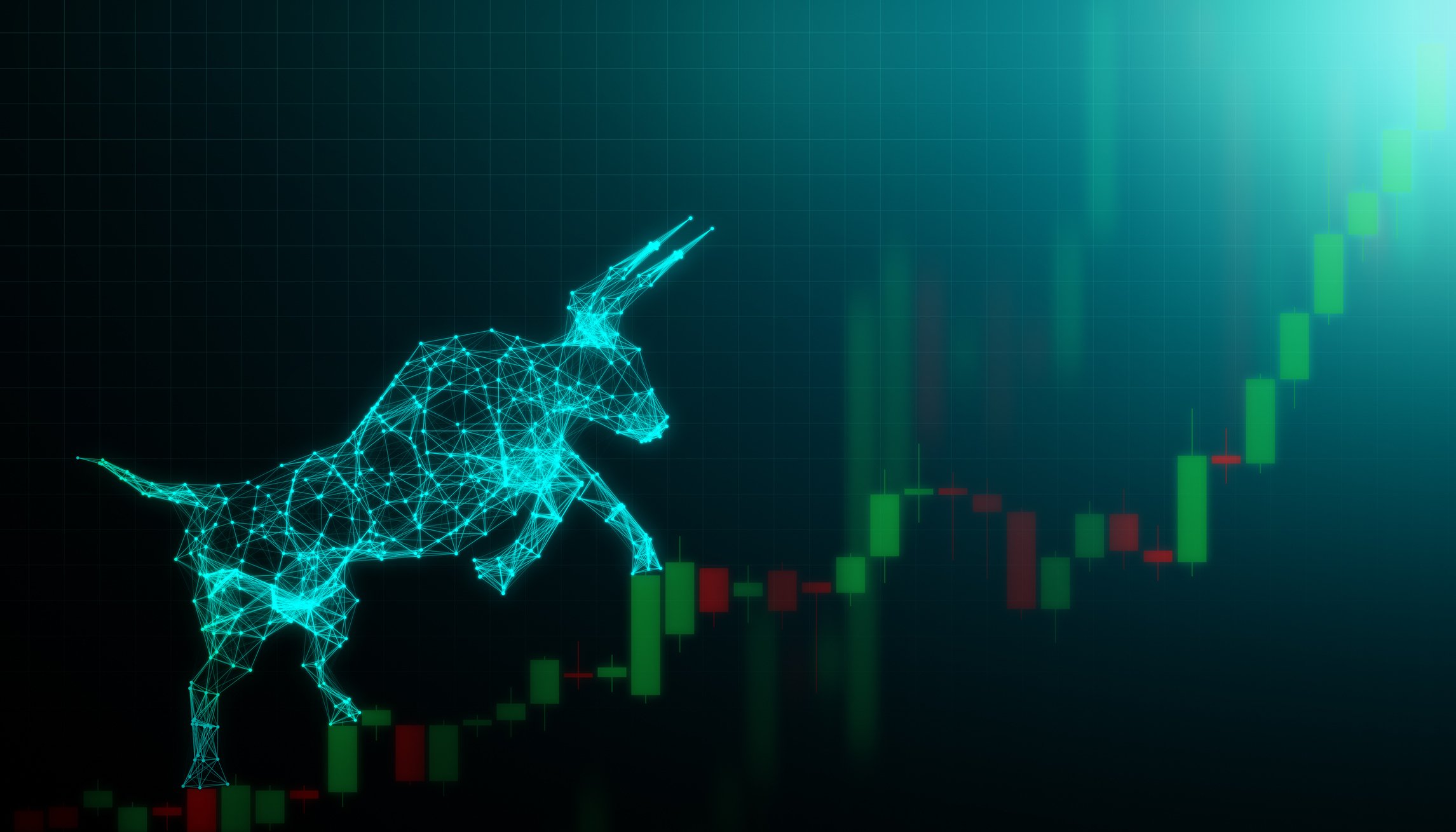 A digital bull is climbing an upwardly sloping stock chart. 