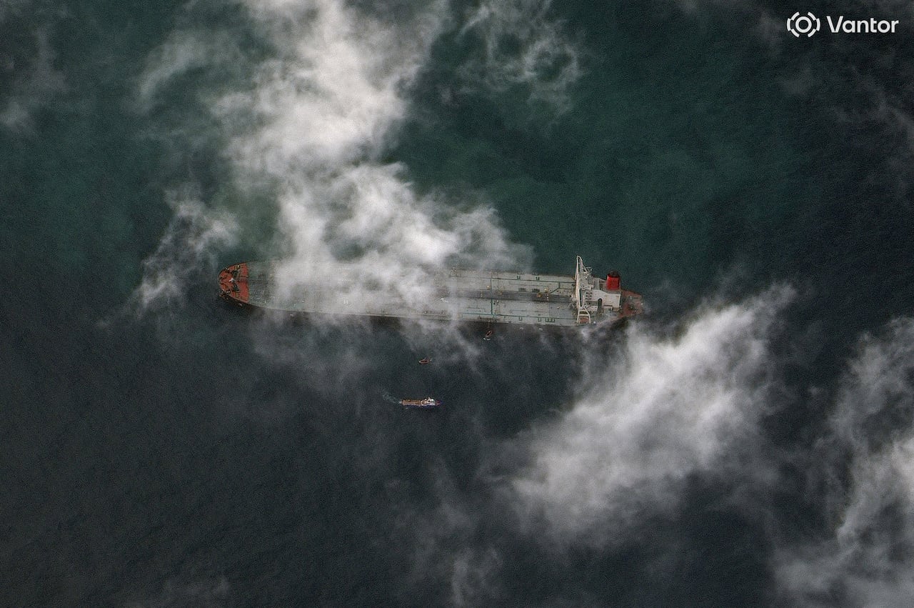 overhead view of an oil tanker in the sea
