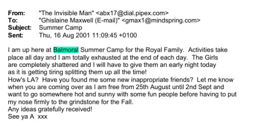 An email purportedly from Andrew Mountbatten-Windsor as included in the trove of Epstein documents released Tuesday.