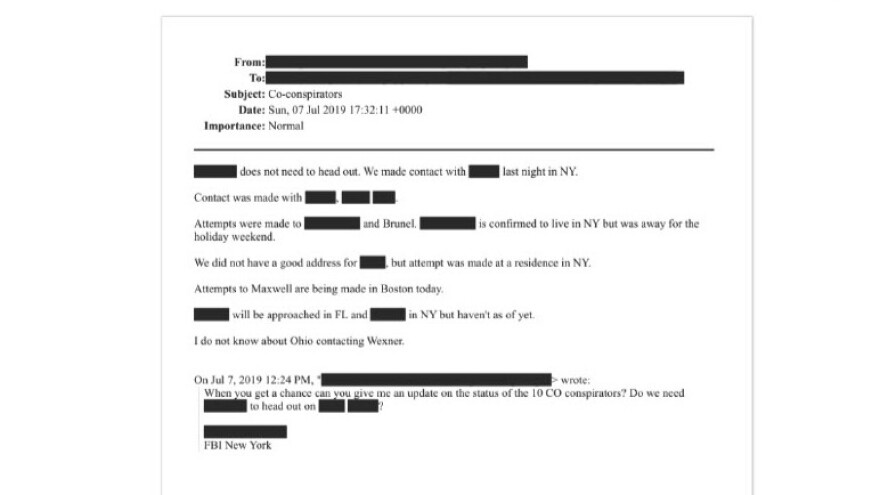 An email released by the U.S. Department of Justice as part of the Epstein files named Leslie Wexner. The email appeared to be discussing possible co-conspirators in Epstein's 2019 sex trafficking case. The email exchange was heavily redacted but appears to be sent from the FBI.