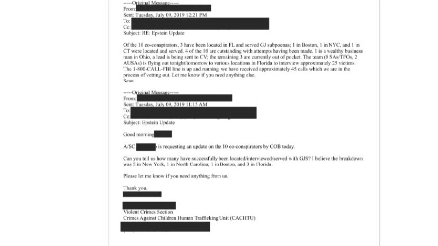 An email released by the U.S. Department of Justice discusses efforts by federal officials to contact "10 co-conspirators" of convicted sex offender Jeffrey Epstein in 2019. The list includes a "wealthy Ohio business man." A second email exchange from days prior mentions New Albany billionaire Leslie Wexner among other potential suspects.