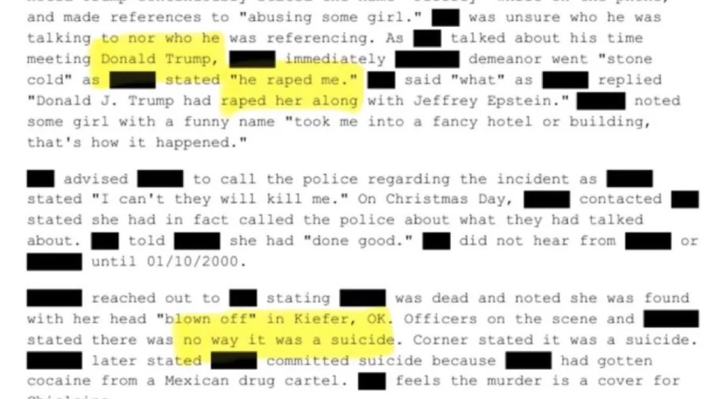 Allegations against Donald Trump and Jeffrey Epstein regarding a death in Kiefer, Oklahoma.