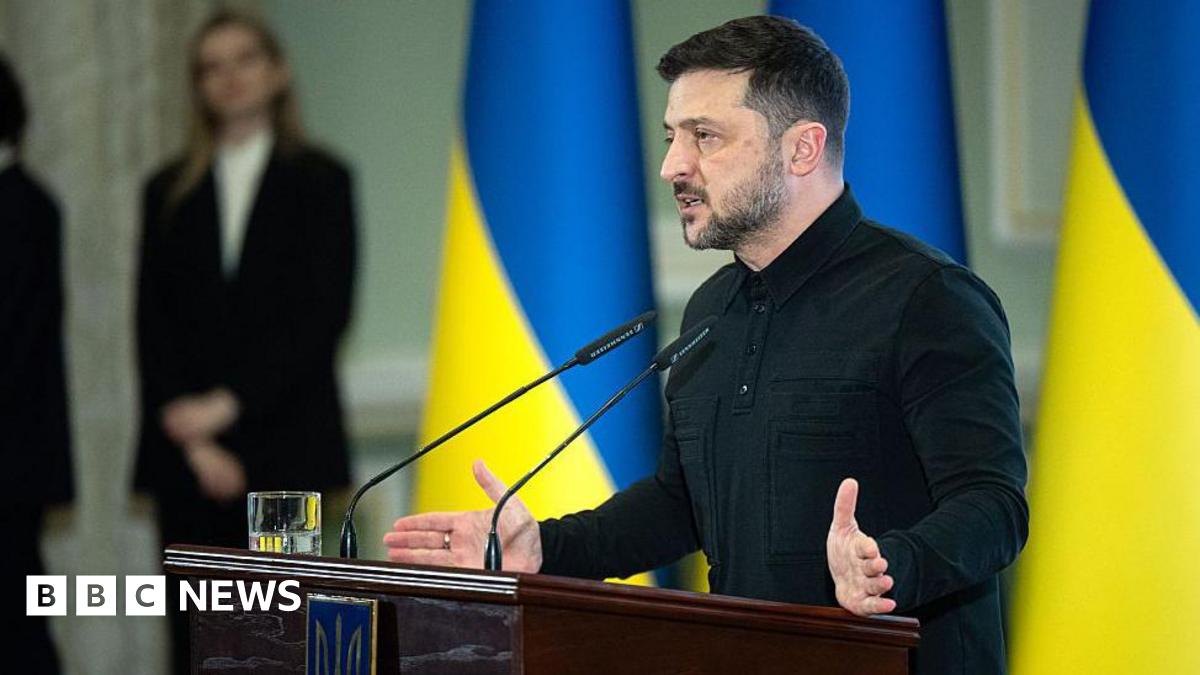 President of Ukraine Volodymyr Zelenskyy delivers a speech during a solemn event on the Day of Diplomatic Service Workers at the Hennadii Udovenko Diplomatic Academy of Ukraine of the Ukrainian Foreign Ministry in Kyiv, Ukraine, on December 22, 2025