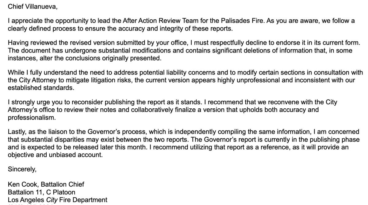 Battalion Chief Kenneth Cook complained to former interim Fire Chief Ronnie Villanueva about deletions and revisions 