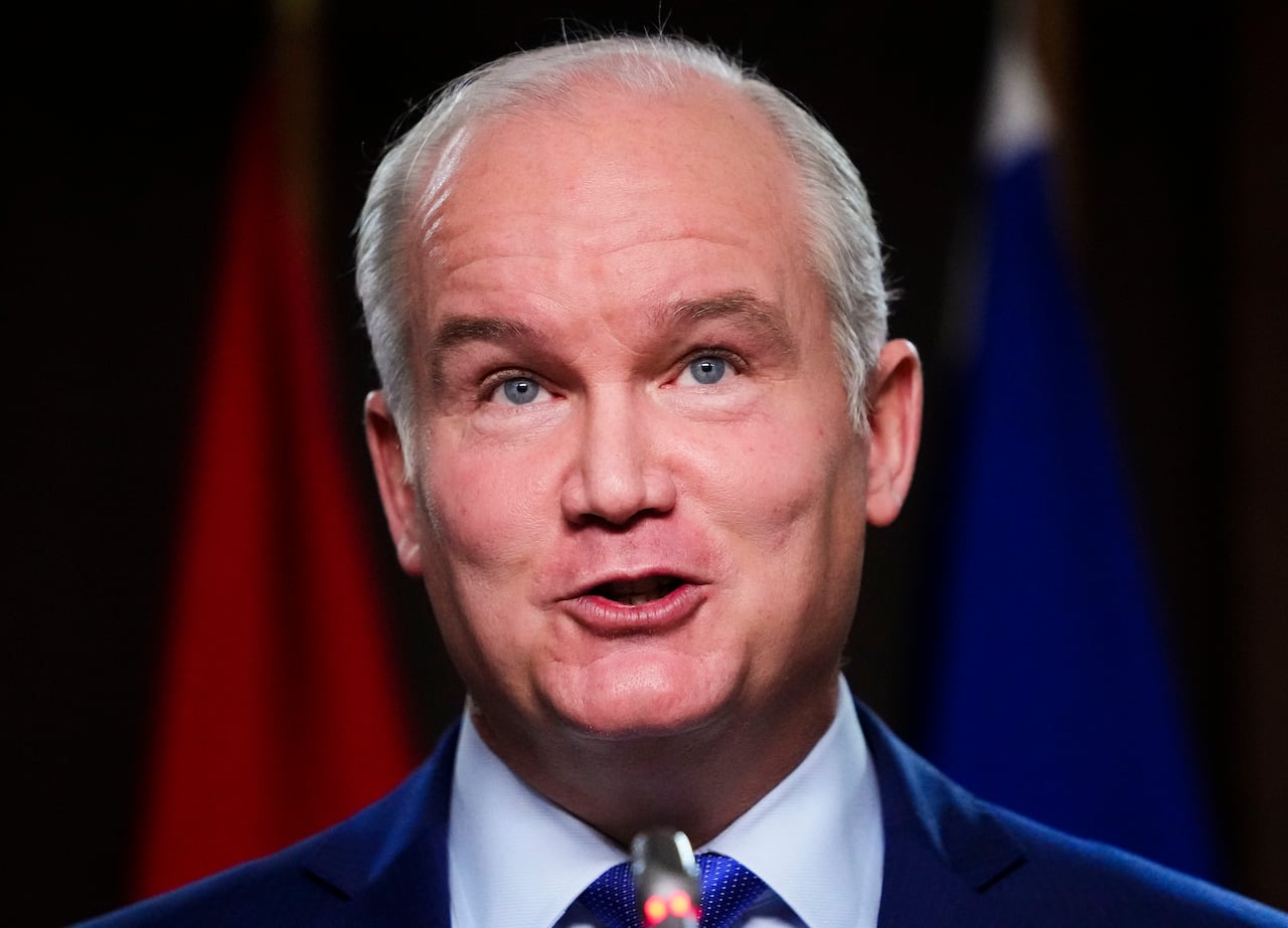 Conservative leader Erin O'Toole holds a press conference on Parliament Hill in Ottawa on Monday, Nov. 8, 2021.