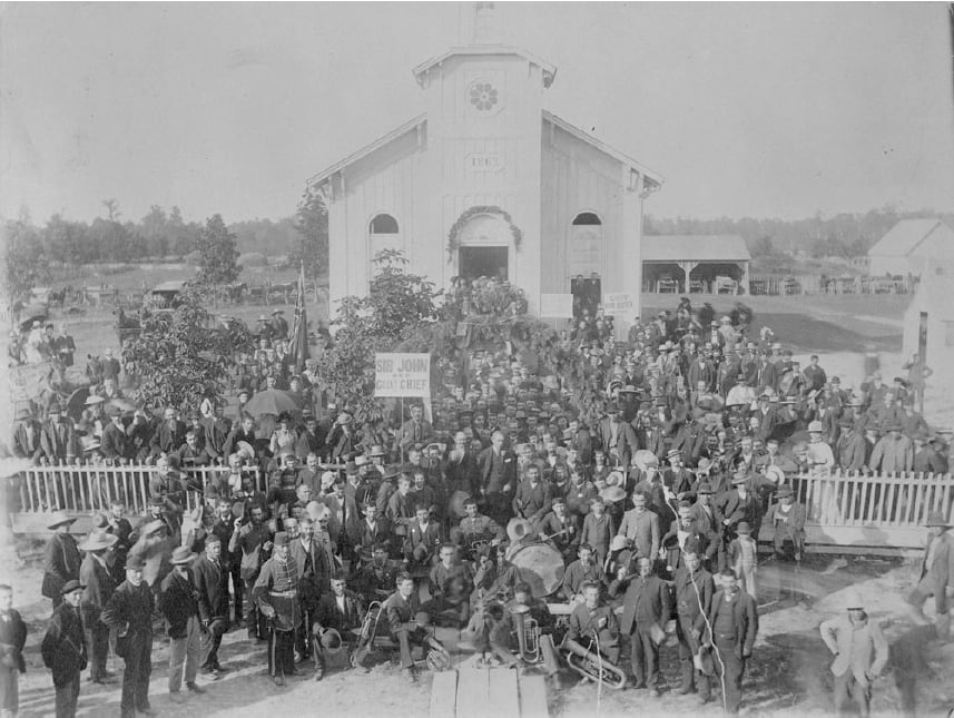 Former prime minister Sir John A. Macdonald is pictured with supporters at the Council House of the Six Nations of the Grand River in September 7, 1886