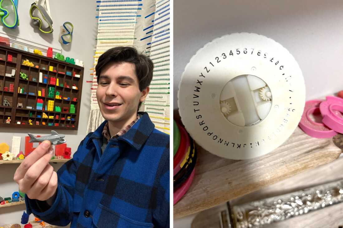 21-year-old Sam Nathan has a nostalgic moment, finding the same kind of Lego shark he once played with as a kid. “That’s a little bit of my childhood,” he says. ; Spotting this disk delighted a visiting reporter who recognized it as part of a 1970s-era label maker like the one she once treasured. It was gold to a kid with an unusual name, who was thrilled to finally have something personalized.