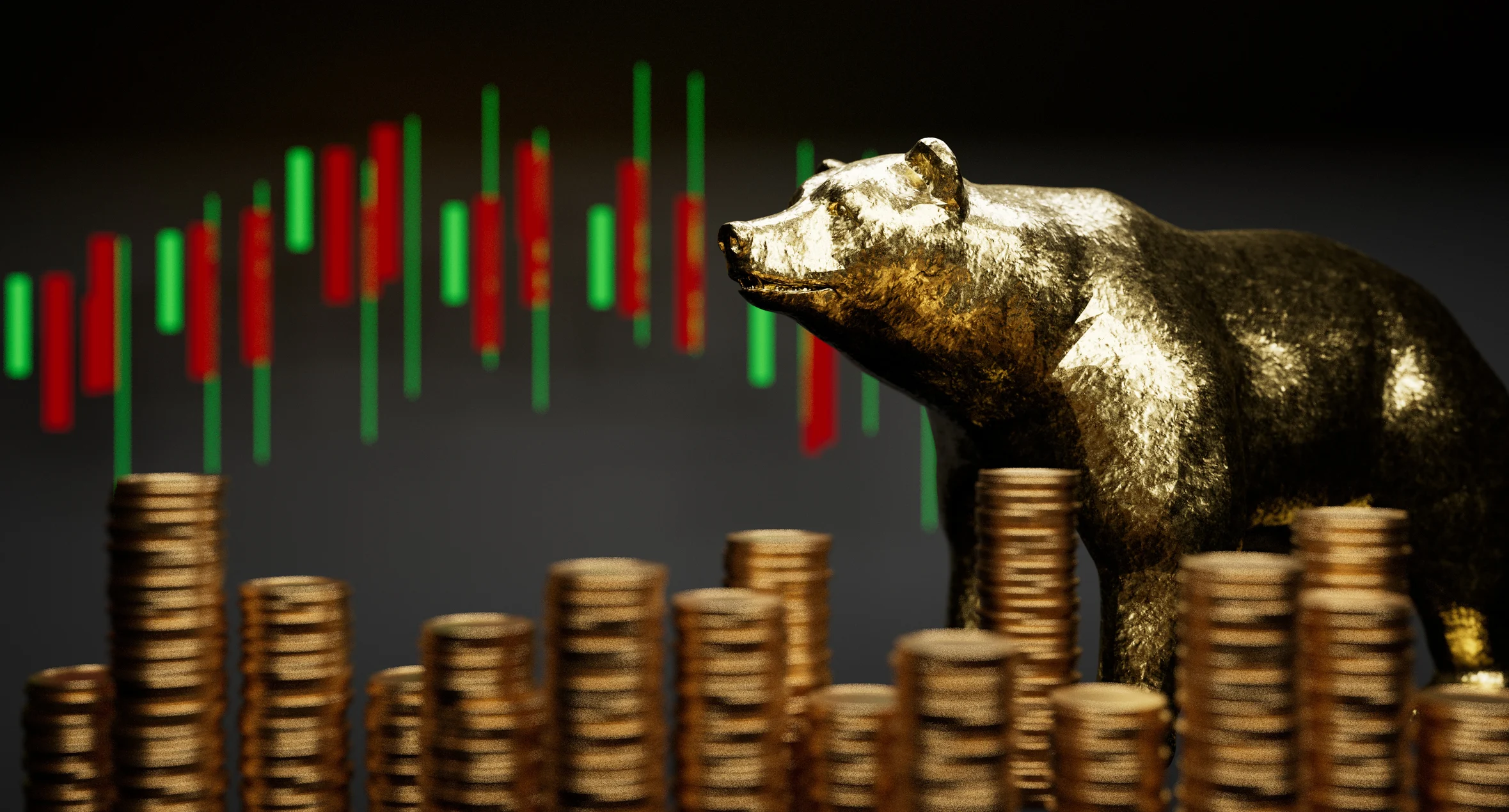 A bear amid coin stacks and price charts.