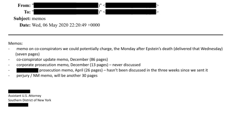 A redacted email in the Department of Justice's Epstein files mentions co-conspirators. 