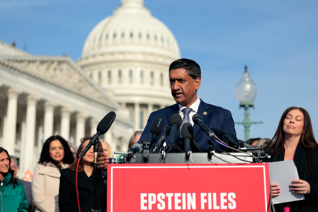  California Rep. Ro Khanna speaks during a news conference with lawmakers and Jeffrey Epstein abuse survivors on the Epstein Files Transparency Act outside the U.S. Capitol on November 18, 2025 in Washington, DC.