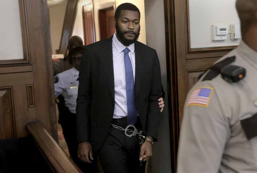 St. Louis Sheriff Alfred Montgomery enters court for trial in the Missouri Attorney General's quo warranto case attempting to remove him from office on Wednesday, Nov. 19, 2025, at the Civil Courts building in St. Louis. Montgomery is currently in federal custody on separate charges.