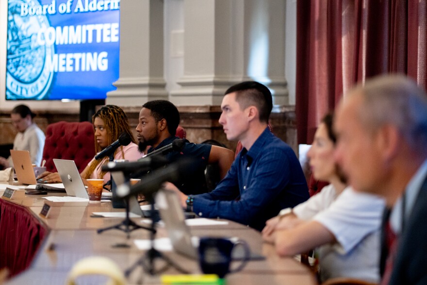Alderman Rasheen Aldridge, of the 14th Ward, third from left, leads the St. Louis Board of Aldermen’s Budget and Public Employees Committee hearing on Monday, June 2, 2025, at City Hall in downtown St. Louis.