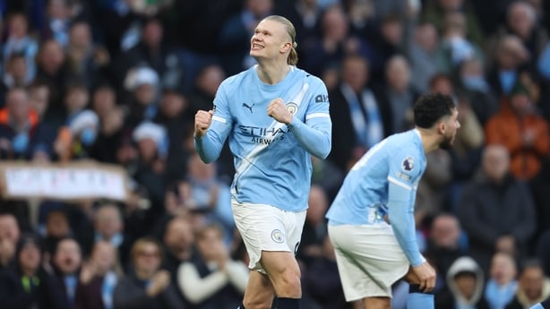 MANCHESTER, ENGLAND - DECEMBER 20: Manchester City's Erling Haaland celebrates scoring his side's first goal during the Premier League match between Manchester City and West Ham United at Etihad Stadium on December 20, 2025 in Manchester, England. (Photo by Rob Newell - CameraSport via Getty Images)