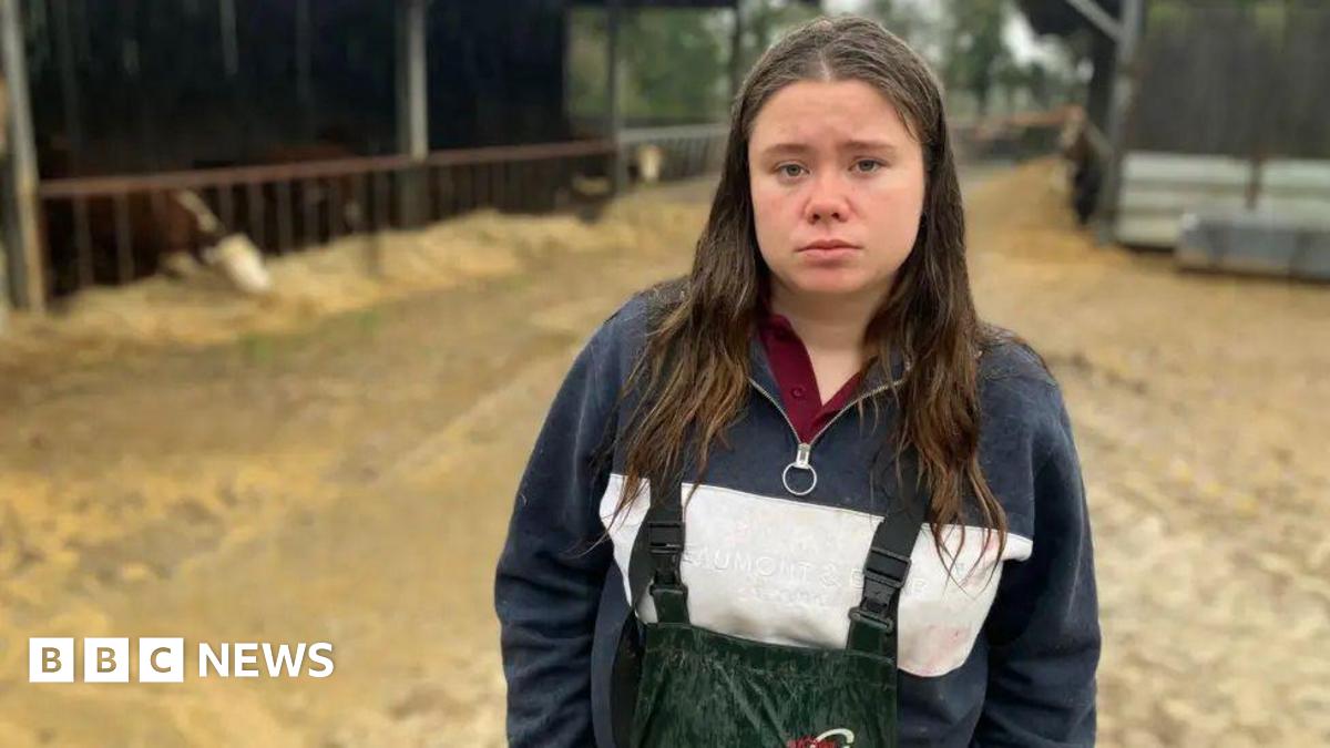 Maria Warne-Elston stands in a yard with cattle sheds in the background. There are cows and young calves eating hay in the sheds.