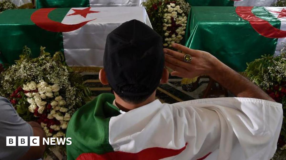 An Algerian man salutes in front of coffins draped in the national flag