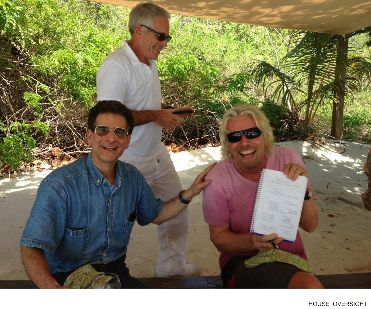 Dean Kamen, Jeffrey Epstein and Richard Branson on a beach