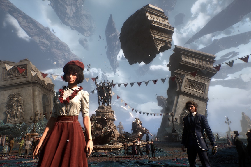 A woman and a man stand in front of a smashed floating Arc de Triomphe in video game Clair Obscur: Expedition 33