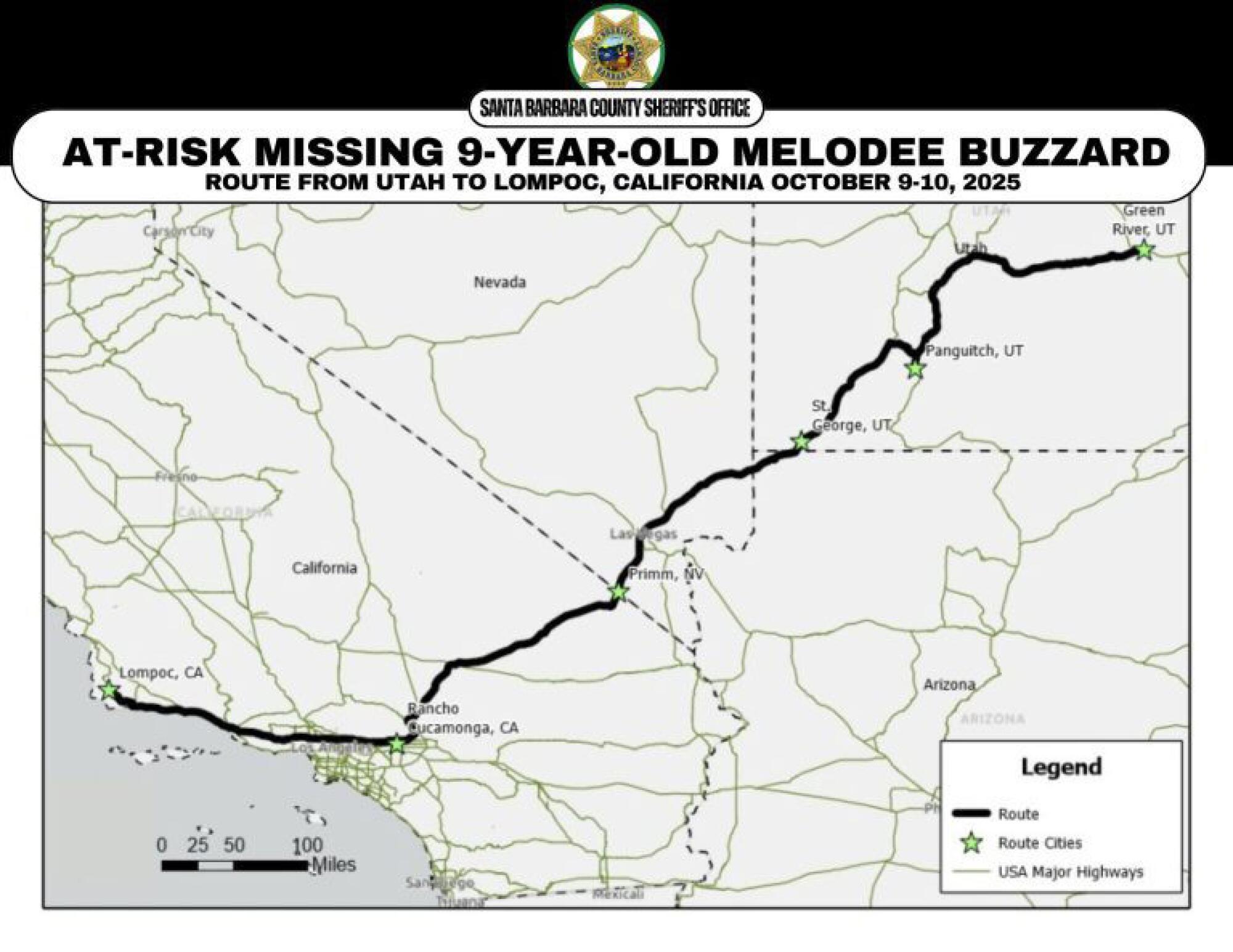 Investigators believe that Buzzarde traveled through the following areas on or around October 9, 2025