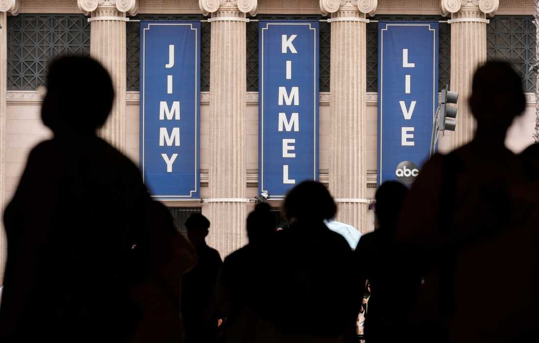 FILE - People walk by the Jimmy Kimmel Live studio on Hollywood Blvd., on Sept. 17, 2025, in Los Angeles.