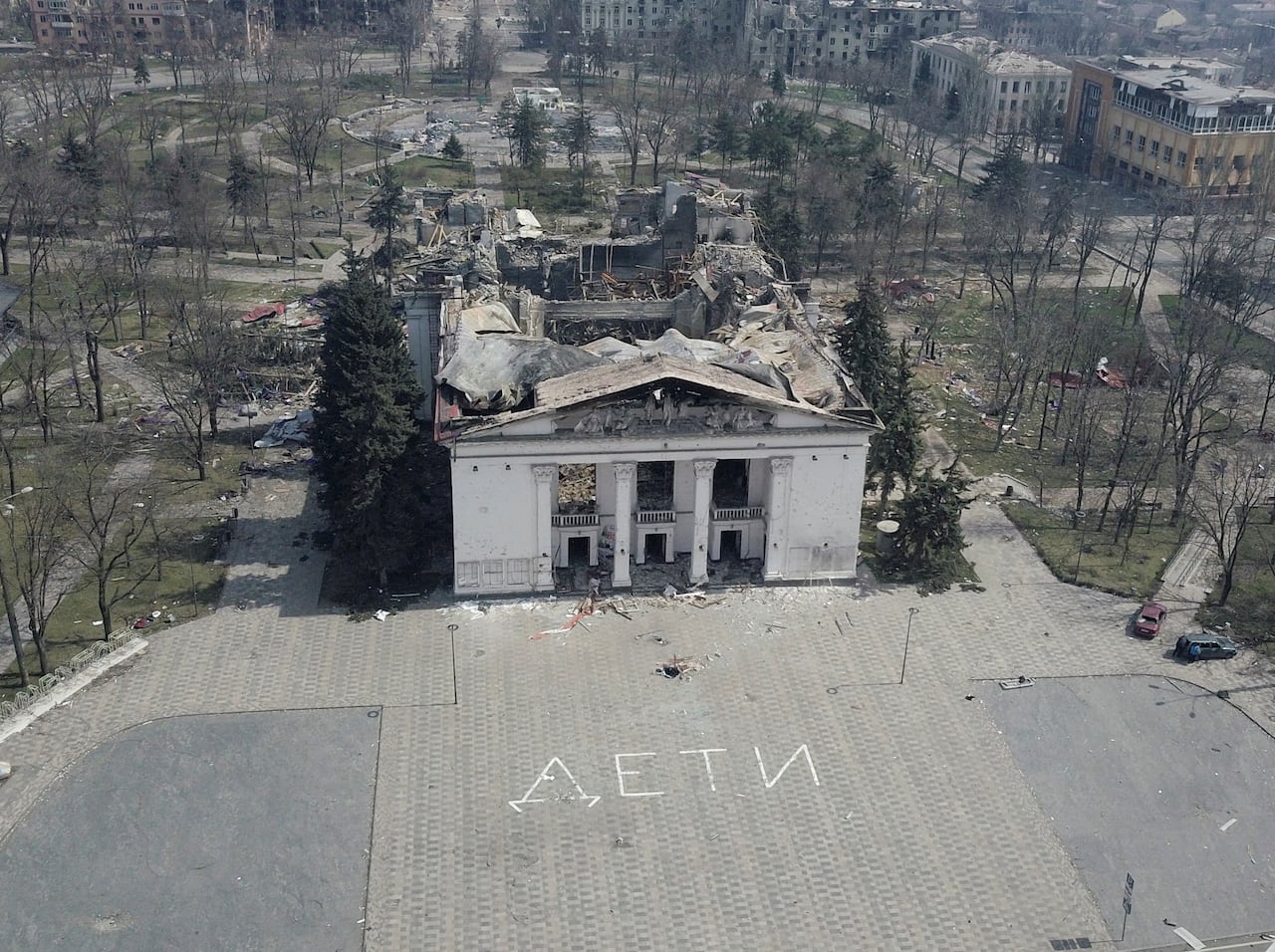 An image taken on April 10, 2022 shows the Mariupol theatre which was destroyed in a strike on March. 16, 2022. 