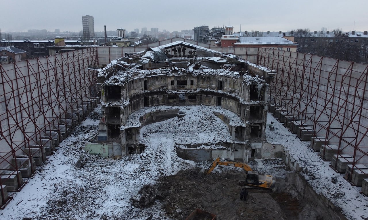 An aerial view shows the destroyed Mariupol theatre building in Russian-controlled eastern Ukraine on February 2, 2023.