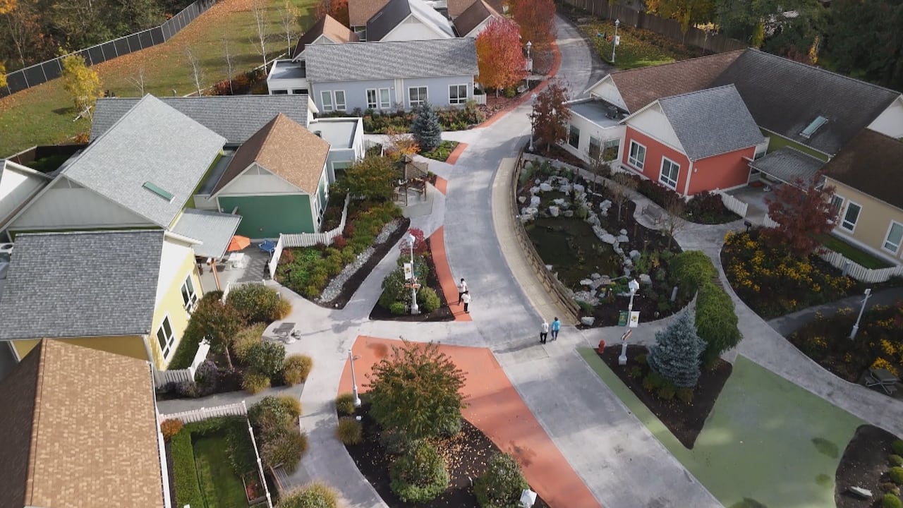 A drone view looking down on several houses, walkways and gardens.