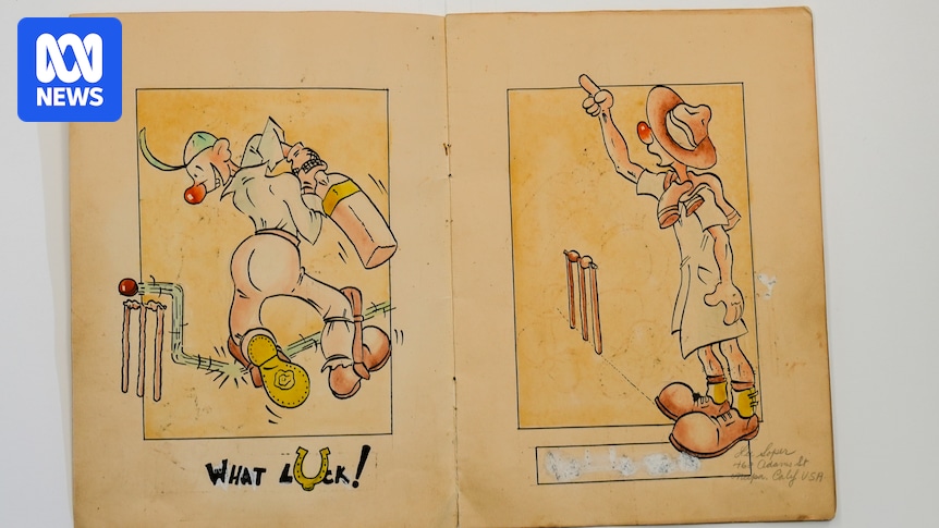 Cricket cartoons illustrate a match to rival the Ashes played by prisoners of war during WWII