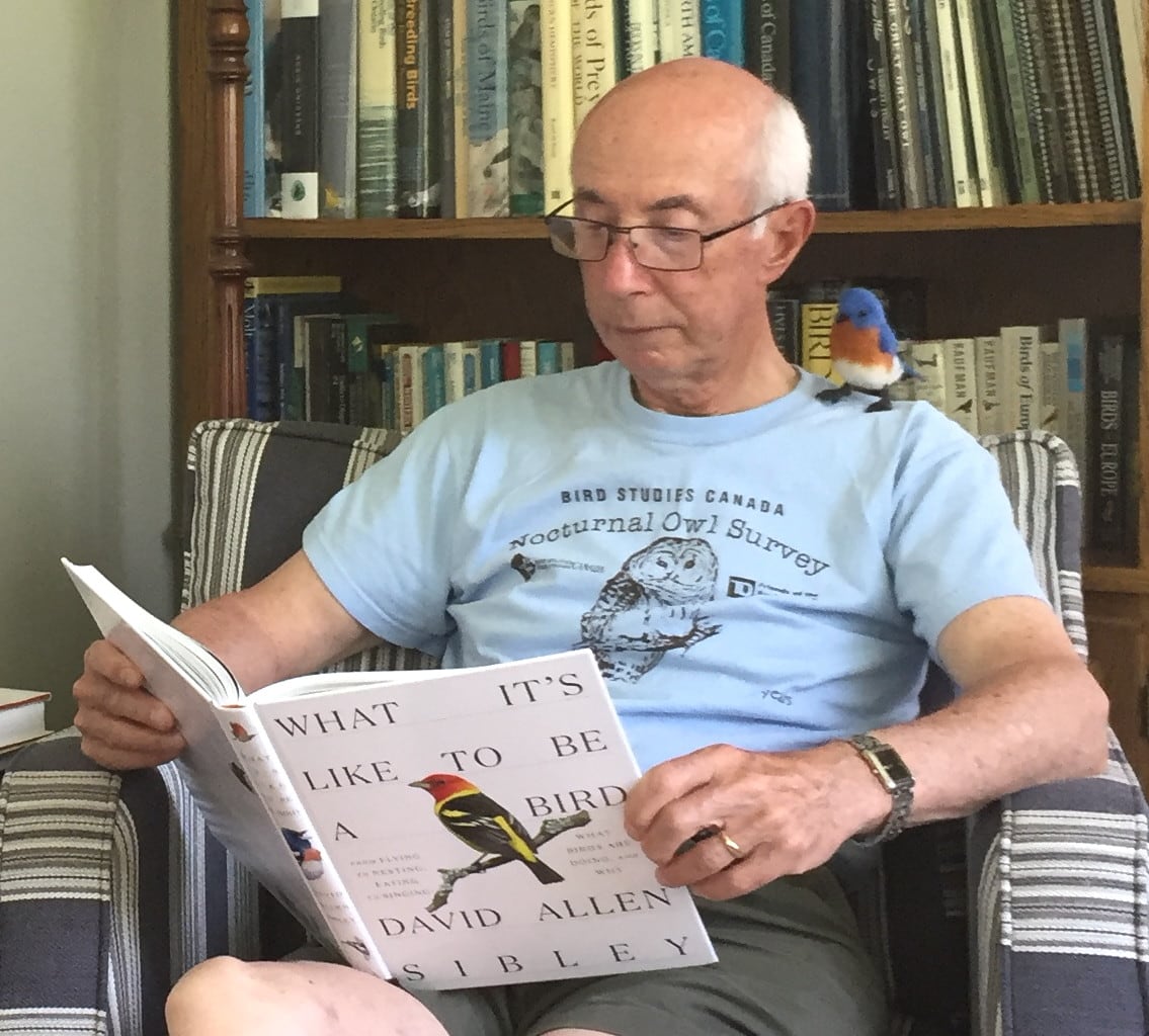 A white man with short white hair on the sides of his head, he wears glasses and is reading a bird book. A blue bird sits on his shoulder.