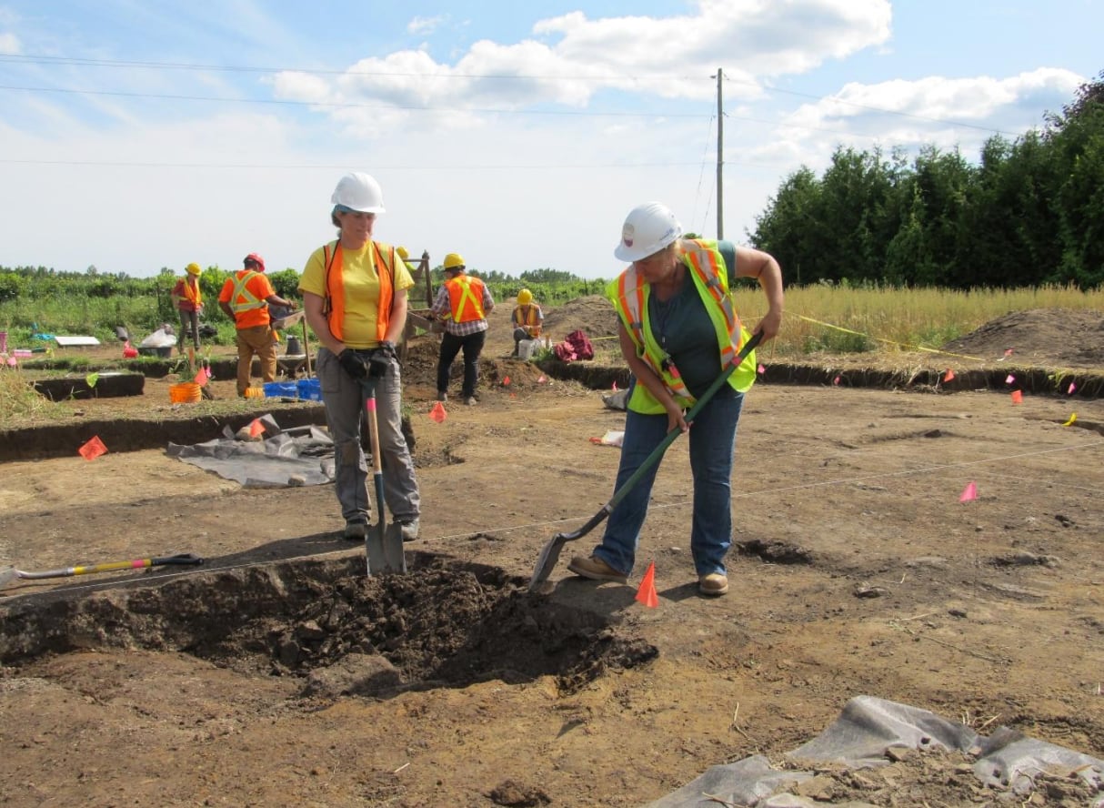 Half a dozen archaeologits wearing hardhats and high visibility vests work in holes cut in the ground in a fallow field. 
