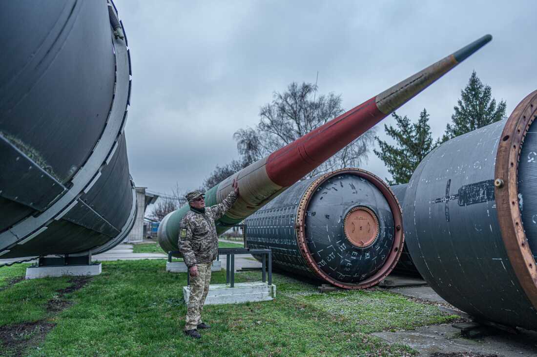 Hennadii Fil, 65, former deputy Commander of the 309th Missile Regiment near Soviet air defense missile at the Museum of the Strategic Missile Forces on Dec. 5, 2025.
