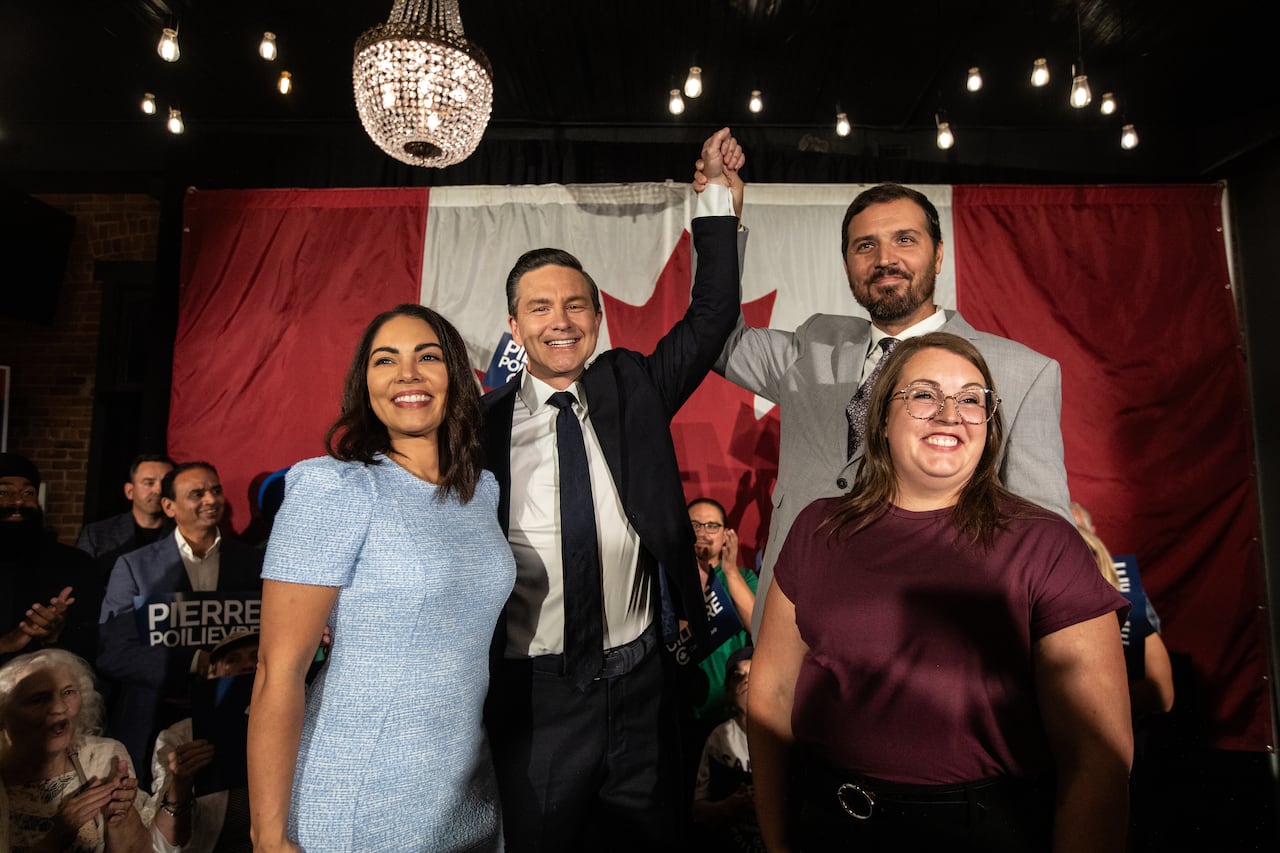 From left, Anaida Poilievre, Conservative Party Leader Pierre Poilievre,  Damien Kurek and Danielle Kurek celebrate Conservative Party Leader Pierre Poilievre's