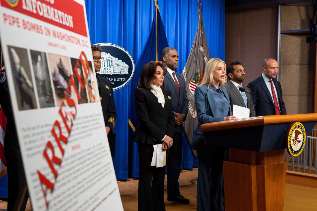 Attorney General Pam Bondi, third from right, Washington Metropolitan Police Chief Pamela Smith, left, U.S. Attorney Jeanine Pirro, ATF Special Agent in Charge of Washington Anthony Spotswood, FBI Director Kash Patel, and FBI deputy director Dan Bongino speak during a news conference at the Department of Justice, Thursday, Dec. 4, 2025, in Washington.