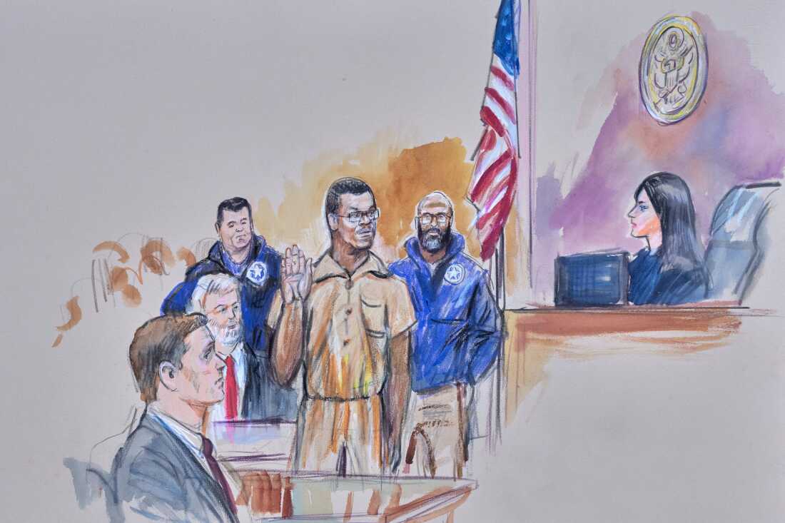 This courtroom sketch depicts Brian Cole Jr., 30, of Woodbridge, Va., the man accused of planting a pair of pipe bombs outside the headquarters of the Republican and Democratic national parties on Jan. 5, 2021, in Washington, being sworn in, Friday, Dec. 5, 2025 before U.S. Magistrate Moxila Upadhyaya, at Federal Court in Washington, as U.S. Attorney Charles Jones, seated left, and Defense Attorney John Shoreman, seated center, look on.