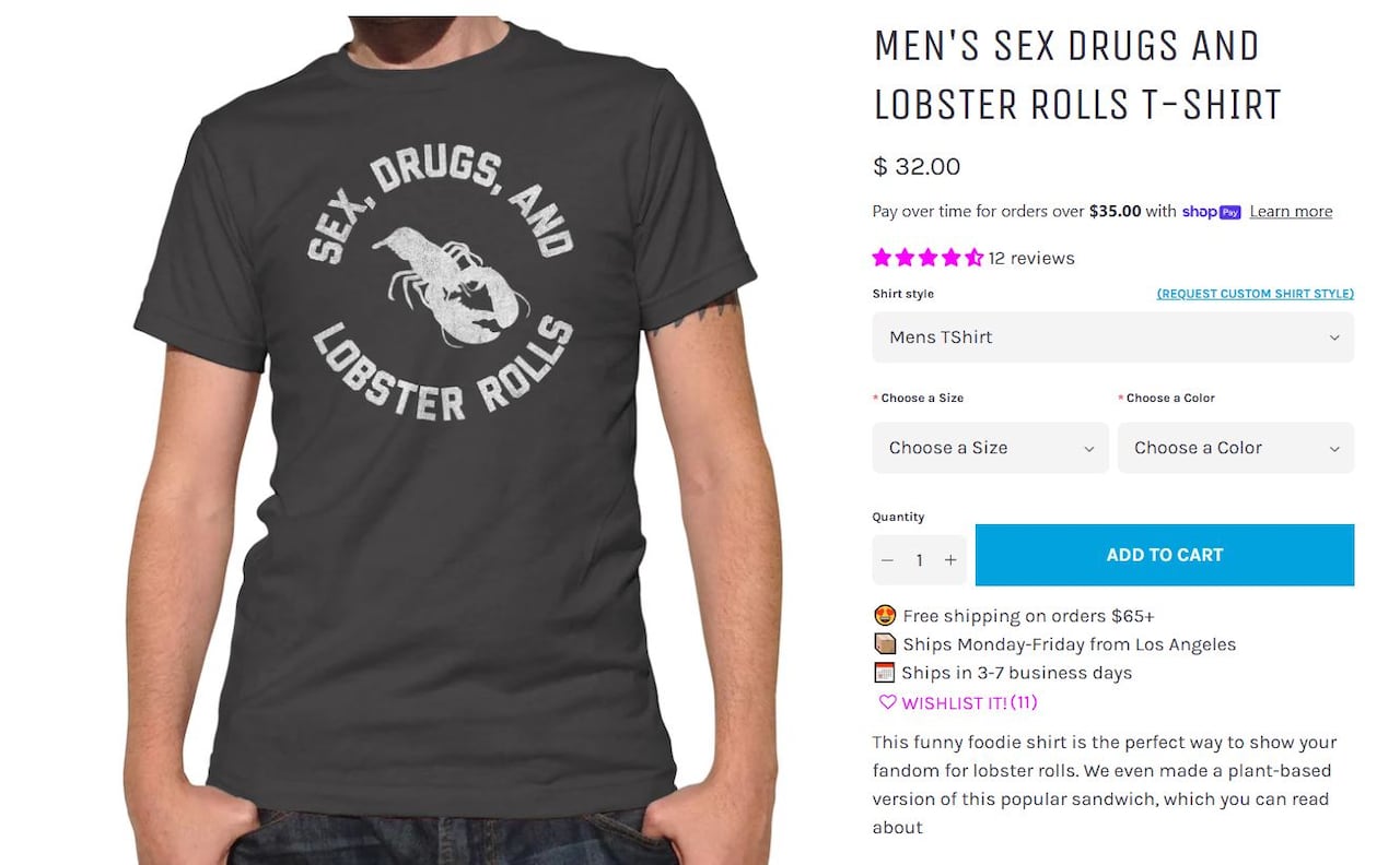 A website selling a T-shirt that says sex drugs and lobster rolls.