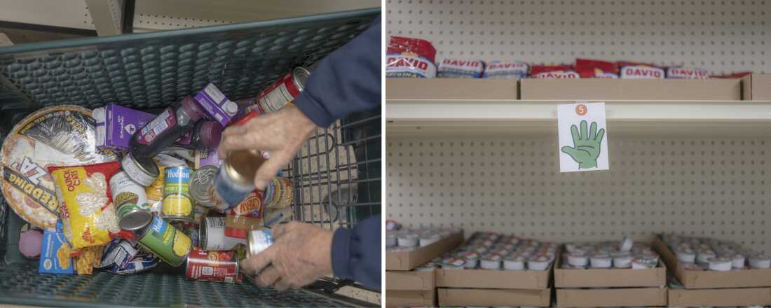 A detail from Miller's grocery cart; signs tell clients of the number of items that can be taken.