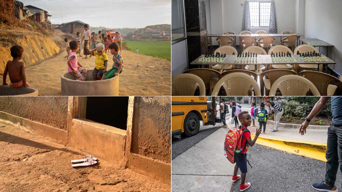 Clockwise from top left: Rohingya refugee children find a place to hang out and play amid the construction at the refugee camp outside of Cox's Bazar, Bangladesh. The classroom at Venkatesan Enumalai’s Sathuranga Chanakyan Chess Club in Chennai, India, is set up and ready before students arrive. A new kindergartener in Maryland waves goodbye to his parents. The milestone gave his dad a flashback to his own start of school in Uganda. Sandals outside a brothel on the Uganda-Kenya highway. Among the many losses after the U.S. aid cuts: free condoms and PrEP for sex workers.