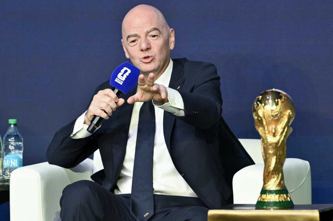 FIFA President Gianni Infantino speaks during the FIFA World Cup 2026 official match schedule announcement in Washington, D.C., on Dec. 6, 2025.