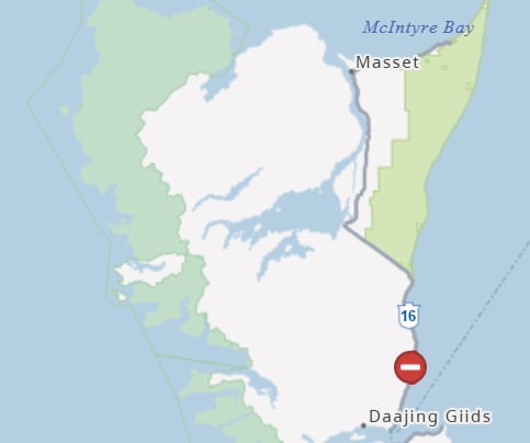 A red marker points to a closure on Highway 16 in Haida Gwaii.