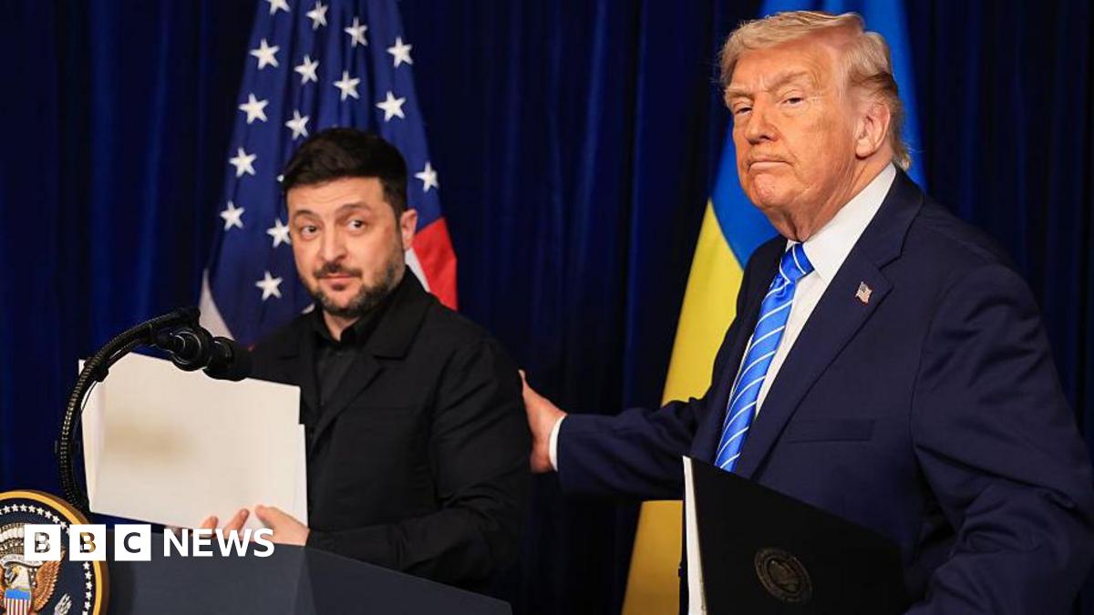 U.S. President Donald Trump and Ukrainian President Volodymyr Zelensky leave a press conference following their meeting at Trump’s Mar-a-Lago club