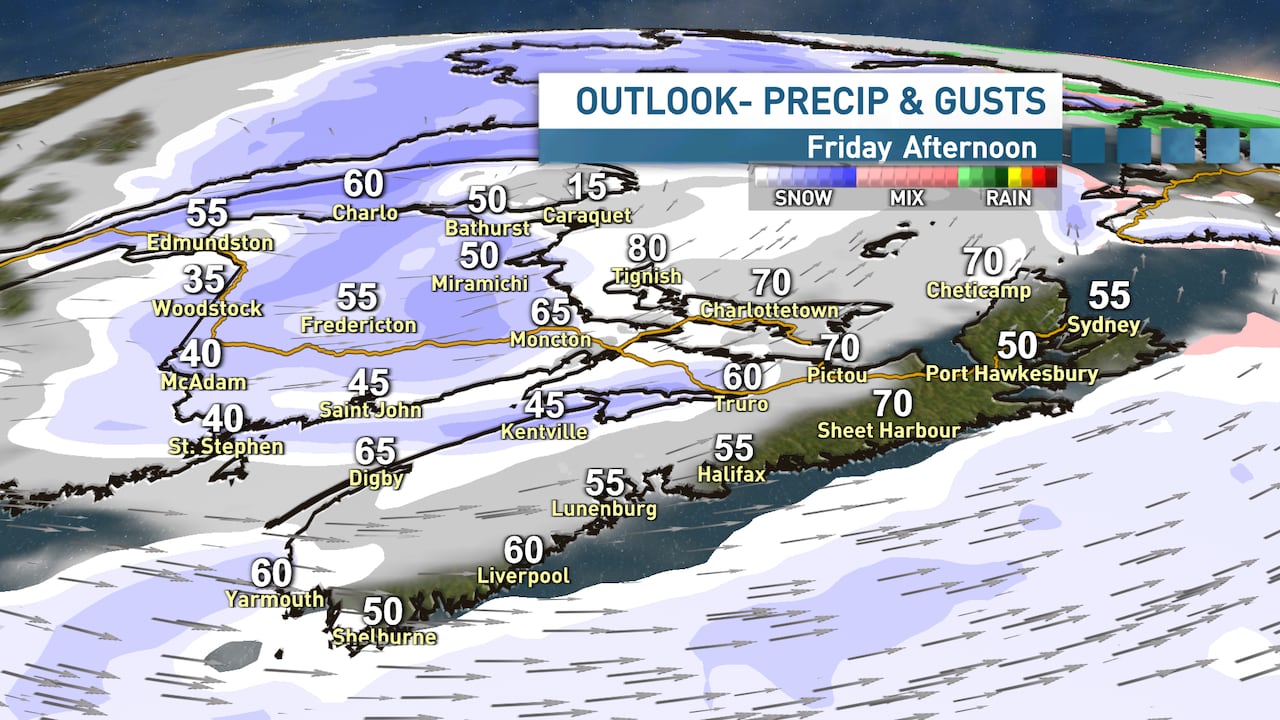 A map shows the forecasted wind gusts in the Maritimes.