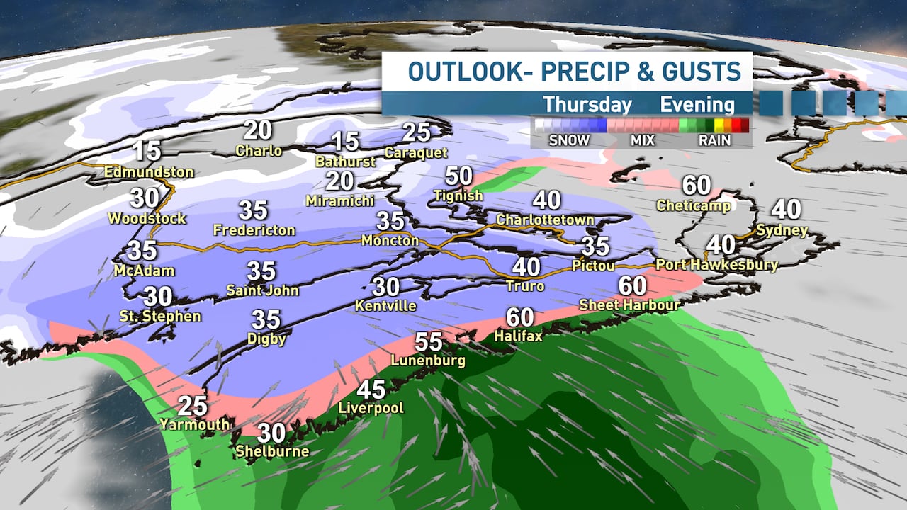 A map shows which areas of the province are expected to get snow and rain on Thursday and Friday.