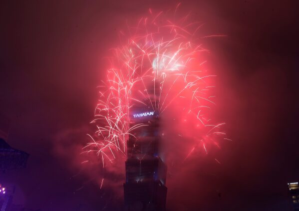 Fireworks explode from the Taipei 101 building during the New Year's celebrations in Taipei, Taiwan, Thursday, Jan. 1, 2026. (AP Photo/Chiang Ying-ying)