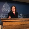 State Sen. Michelle Benson reacts at a news conference on April 10, 2019, at the Minnesota State Capitol in St. Paul to a report by the state's legislative auditor on combatting fraud in Minnesota's Child Care Assistance Program.