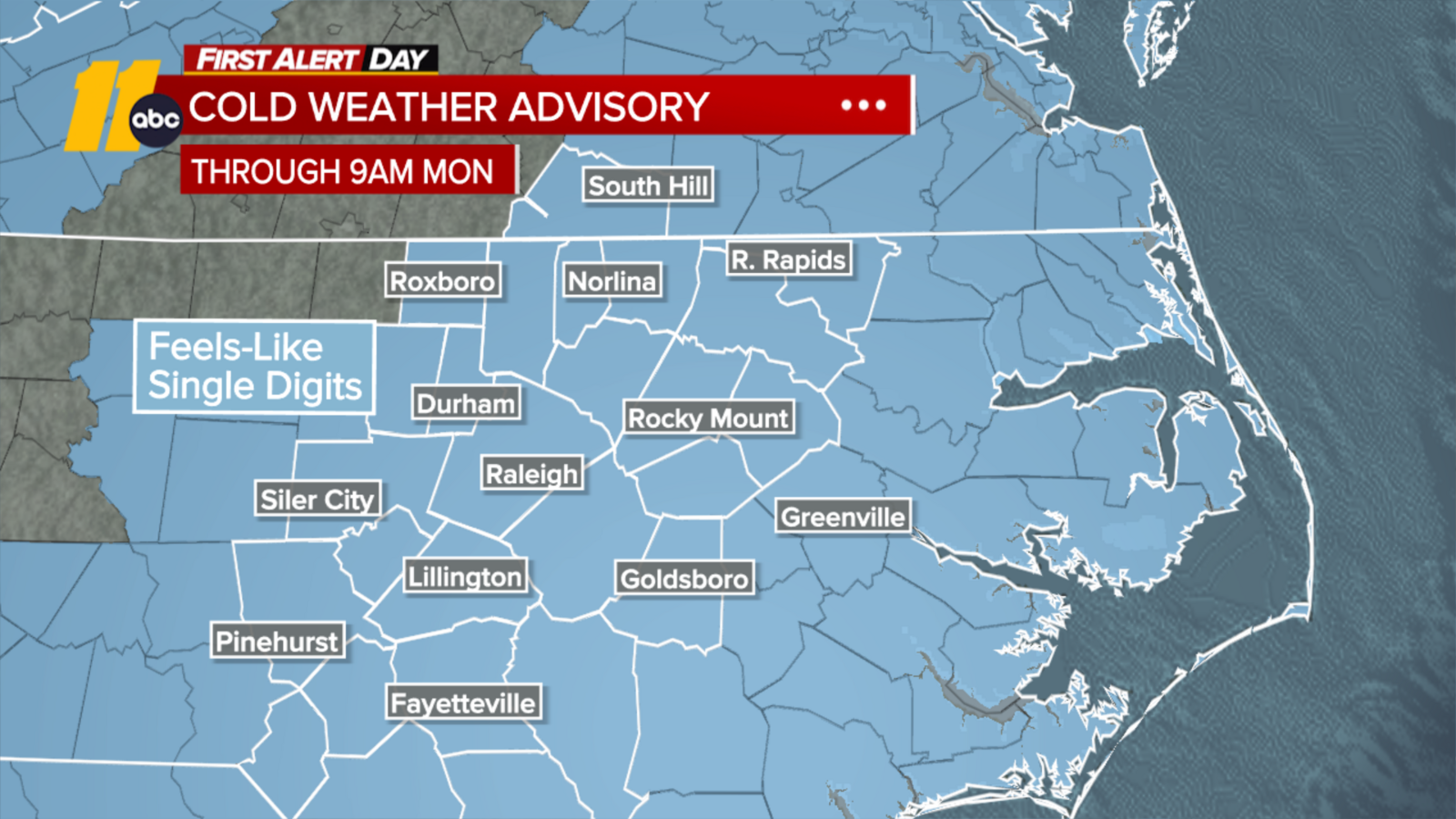 Cold Weather Advisory in effect for Central North Carolina; Arctic front brings cold, windy conditions Sunday and Monday